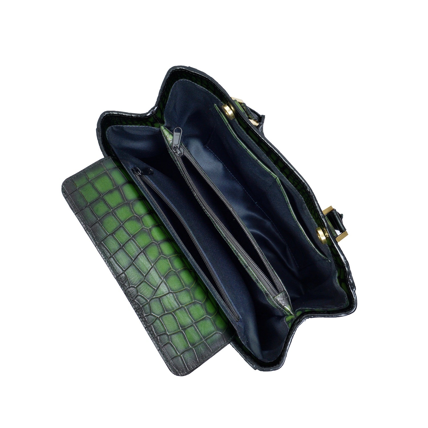 Square Shaped Smokey Finish Handbag in Green Deep Cut Leather