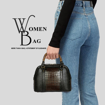 Croco-Embossed Smokey Brown Leather Handbag with Bamboo Handles