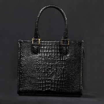 Medium Sized Black Tote Hand Bag In Crocodile Embossed Leather