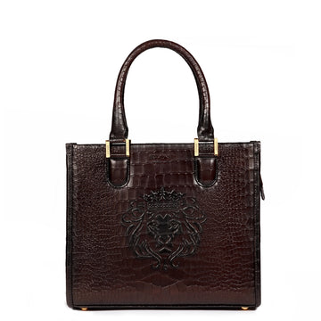Medium Sized Dark Brown Tote Hand Bag In Crocodile Embossed Leather