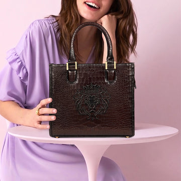 Medium Sized Dark Brown Tote Hand Bag In Crocodile Embossed Leather