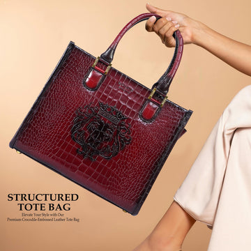 Medium Sized Wine Tote Hand Bag In Crocodile Embossed Leather