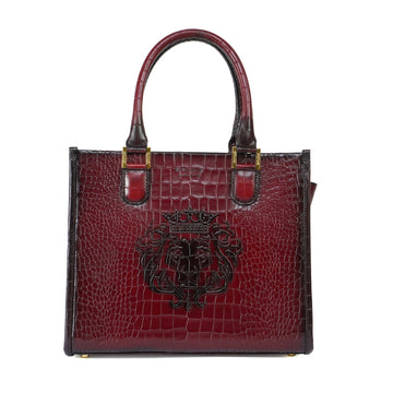 Medium Sized Wine Tote Hand Bag In Crocodile Embossed Leather