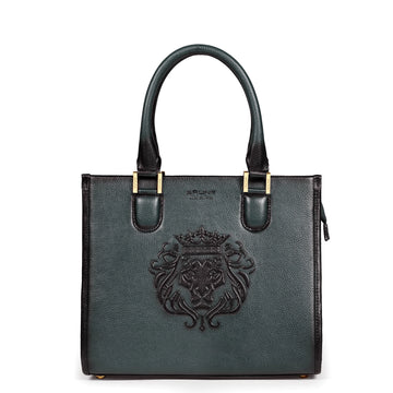 Medium Sized Green Tote Hand Bag In Pebbled Leather