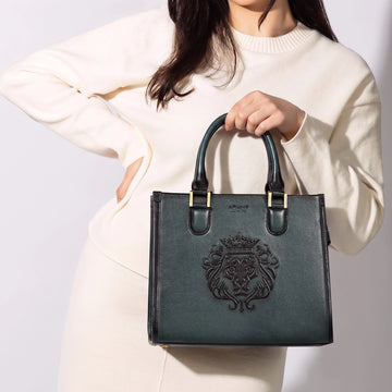 Medium Sized Green Tote Hand Bag In Pebbled Leather