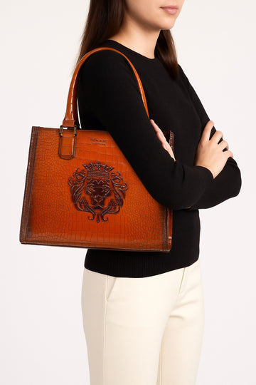 Medium Sized Tan Tote Hand Bag In Crocodile Embossed Leather