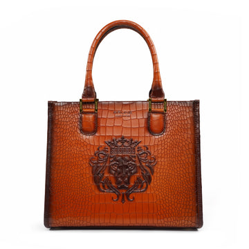 Medium Sized Tan Tote Hand Bag In Crocodile Embossed Leather