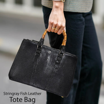 Exotic Sting Ray Grey Leather Tote Bag with Bamboo Handles