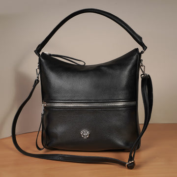 Black Textured Leather Slouchy Tote with Adjustable Strap Handbag