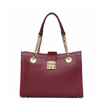 Wine Pebbled Leather Tote Bag with Golden Chain Handles