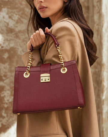 Wine Pebbled Leather Tote Bag with Golden Chain Handles