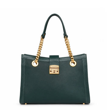 Green Pebbled Leather Tote Bag with Golden Chain Handles
