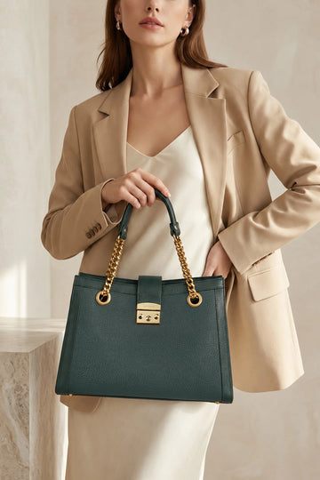 Green Pebbled Leather Tote Bag with Golden Chain Handles