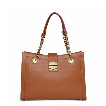 Tan Pebbled Leather Tote Bag with Golden Chain Handles