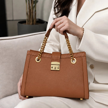 Tan Pebbled Leather Tote Bag with Golden Chain Handles