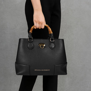 Black Pebbled Leather Handbag with Bamboo Handle