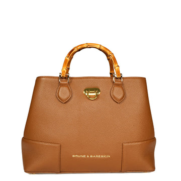 Tan Pebbled Leather Handbag with Bamboo Handle