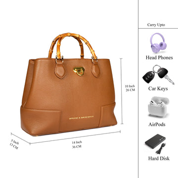 Tan Pebbled Leather Handbag with Bamboo Handle
