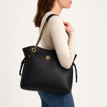 Black Pebbled Leather Handbag with Leather Twist Gold Chain