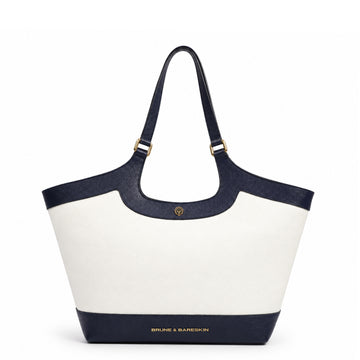 Luxury Two-Tone White & Blue Pebbled Leather Tote Bag with Signature Lion Logo