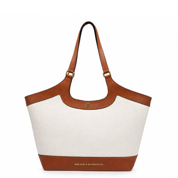 Luxury Two-Tone White & Red Pebbled Leather Tote Bag with Signature Lion Logo