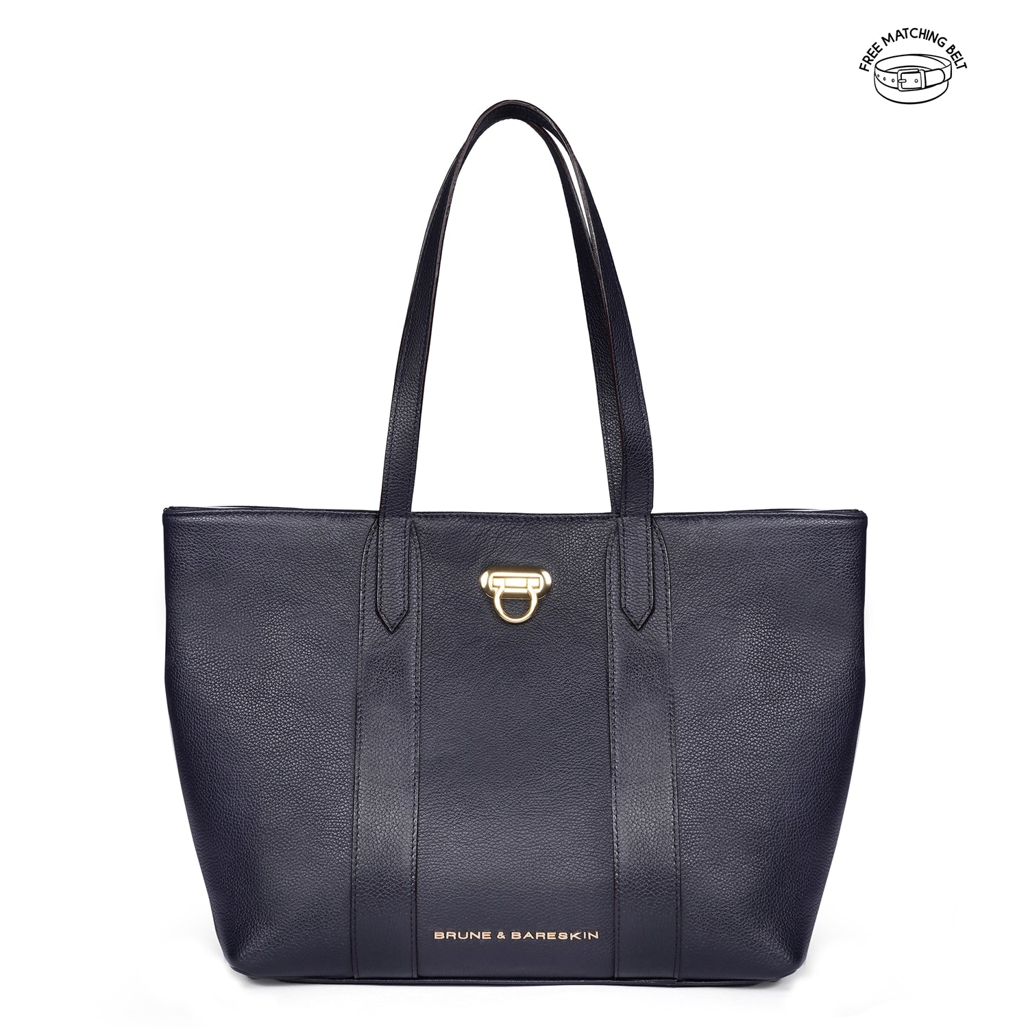 Classic Charm Blue Leather Handbag with Clasp Turn-Lock Closure (Free Matching Belt)
