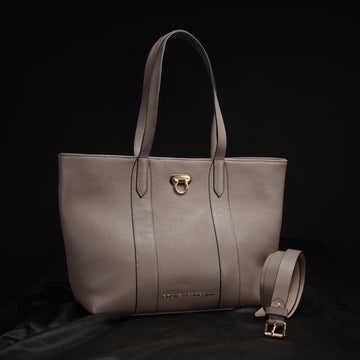 Classic Charm Grey Pebbled Leather Handbag with Clasp Turn-Lock Closure (Free Matching Belt)