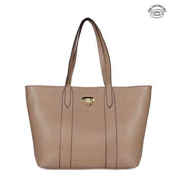 Classic Charm Beige Leather Handbag with Clasp Turn-Lock Closure (Free Matching Belt)