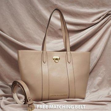 Classic Charm Beige Leather Handbag with Clasp Turn-Lock Closure (Free Matching Belt)