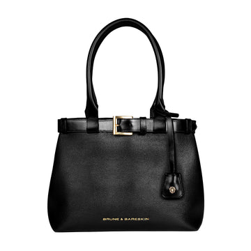 Classic Black Textured Leather Handbag with Buckle Detailing