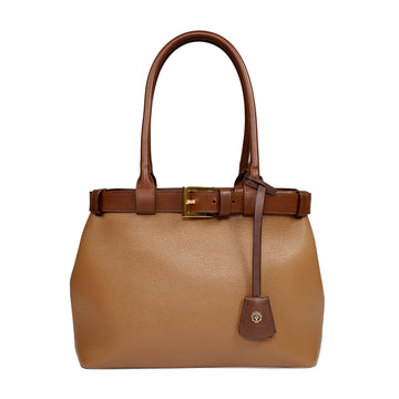 Classic Tan Textured Leather Handbag with Dual-Tone Belt Detailing
