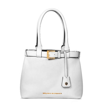 Classic White Textured Leather Handbag with Buckle Detailing
