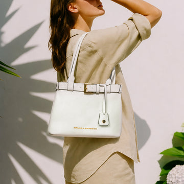 Classic White Pebbled Leather Handbag with Buckle Detailing