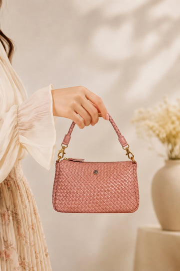 Pink Woven Leather Shoulder Bag with Dual Carry Straps