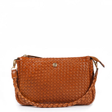 Tan Woven Leather Shoulder Bag with Braided Strap