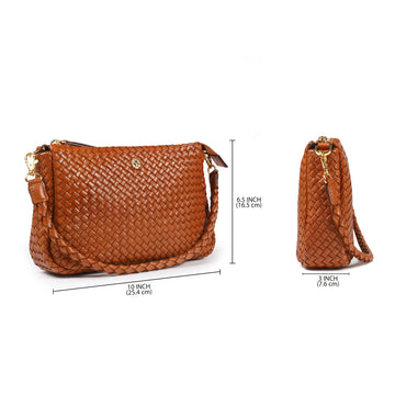 Tan Woven Leather Shoulder Bag with Braided Strap