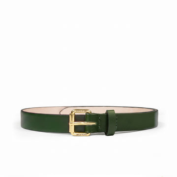 Women's Premium Textured Dark Green Leather Belt with Gold-Tone Buckle