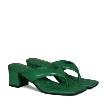 V-Shaped Green Flip-Flop Diamond Stitched Blocked Heel Slider Slipper For Women By Brune & Bareskin