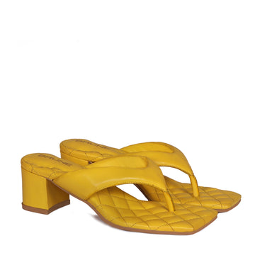 Yellow Finish Flip Flop Diamond Stitched Blocked Heel Slider Slipper For Women By Brune & Bareskin