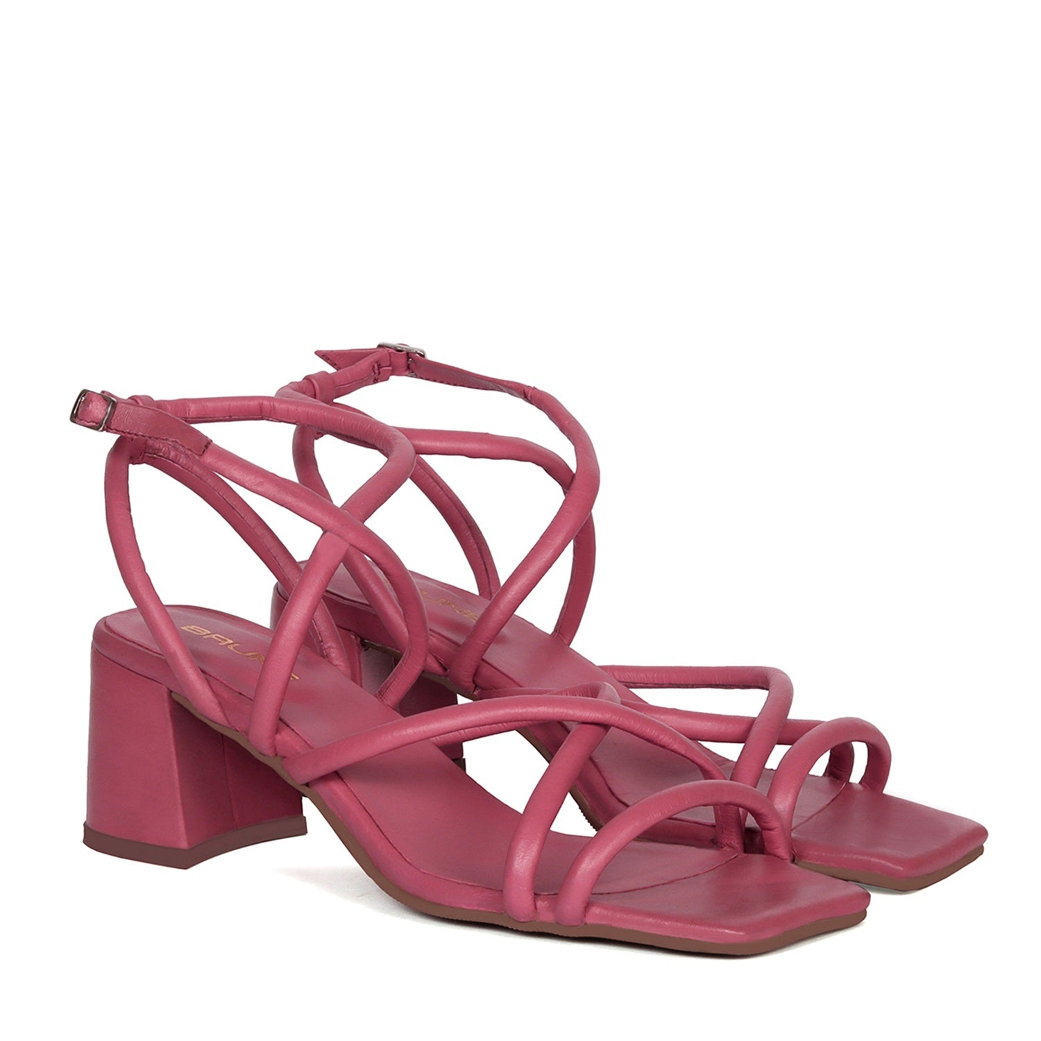 Criss-Cross Pink Genuine Leather Blocked Heel Buckle Strap Sandal For Ladies By Brune & Bareskin