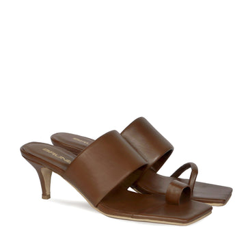 Toe Ring And Open Strap Kitten Heeled Sandals In Brown Leather