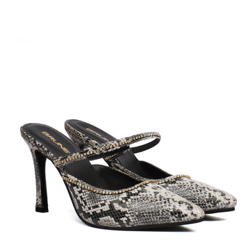Pointed Toe Swarovski Crystal Stone Heel Pumps Black-White Snake Print leather Ladies Footwear By Brune & Bareskin