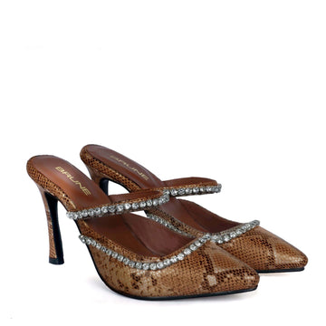Swarovski Crystal Stone Pointed Toe Heel Pumps Snake Print leather Footwear For Ladies By Brune & Bareskin