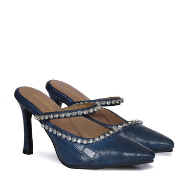 Crystal Stone Heel Pumps Blue Pointed Toe Deep Cut Croco Print leather Partywear Footwear For Ladies By Brune & Bareskin