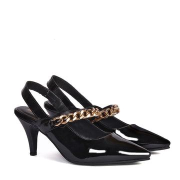 Slingback Pointed Toe Golden Chain Black Patent Kitten Heel Adjustable Elastic Strap By Brune & Bareskin