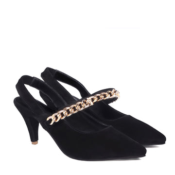 Slingback Pointed Toe Golden Chain Kitten Heel Black Suede Leather Adjustable Elastic Strap By Brune & Bareskin