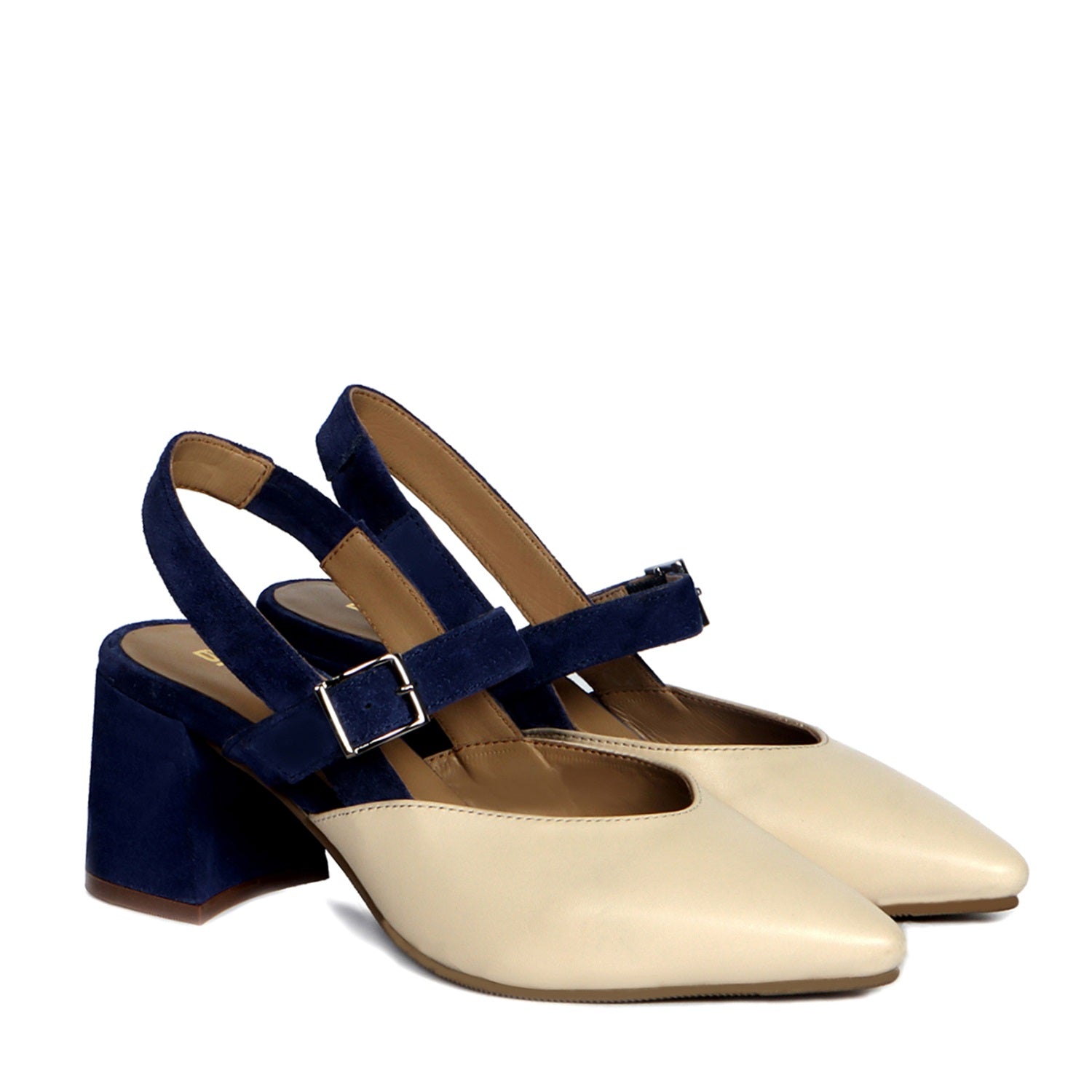 Silhouette Blue Suede Block Heel Buckle Srap Pointed Beige Leather Slingback Sandals By Brune & Bareskin