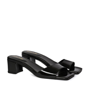 Black Patent Leather Open Squared Toe Blocked Heel Ladies Sandals by Brune & Bareskin