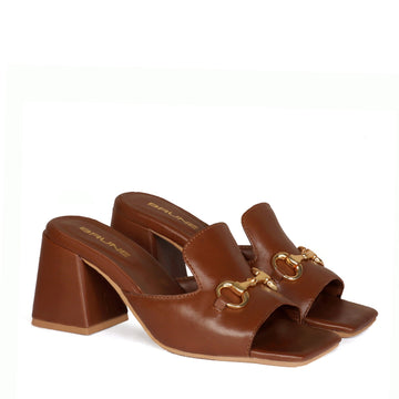 Golden Horse-bit Embellished Brown Leather Open Toe Long Vamp Blocked Heel Ladies Sandal by Brune & Bareskin