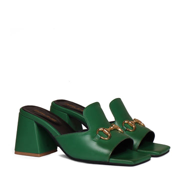 Golden Horse-bit Embellished Green Leather Open Toe Long Vamp Blocked Heel Ladies Sandal by Brune & Bareskin
